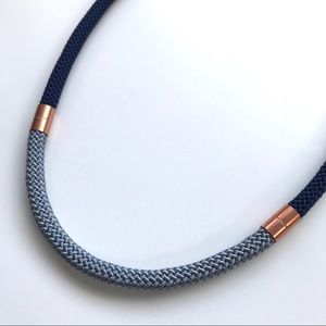Navy blue + grey statement necklace with copper pieces